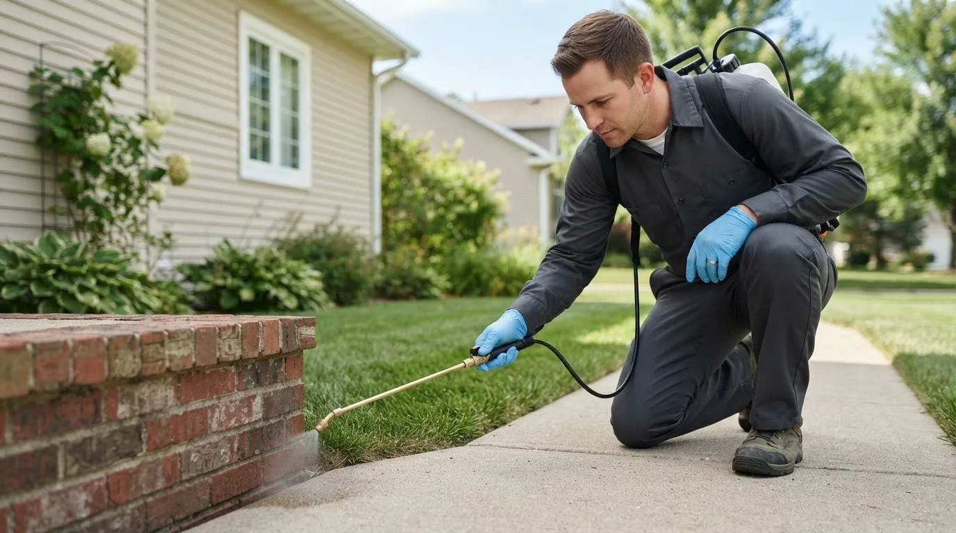 Pest control technician treating a home near Edenville, MI