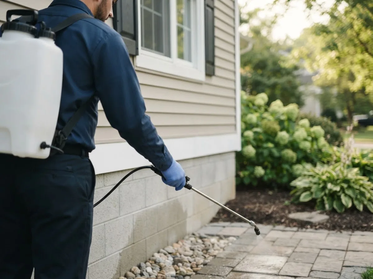 Pest control technician inspecting a home in Edenville, MI